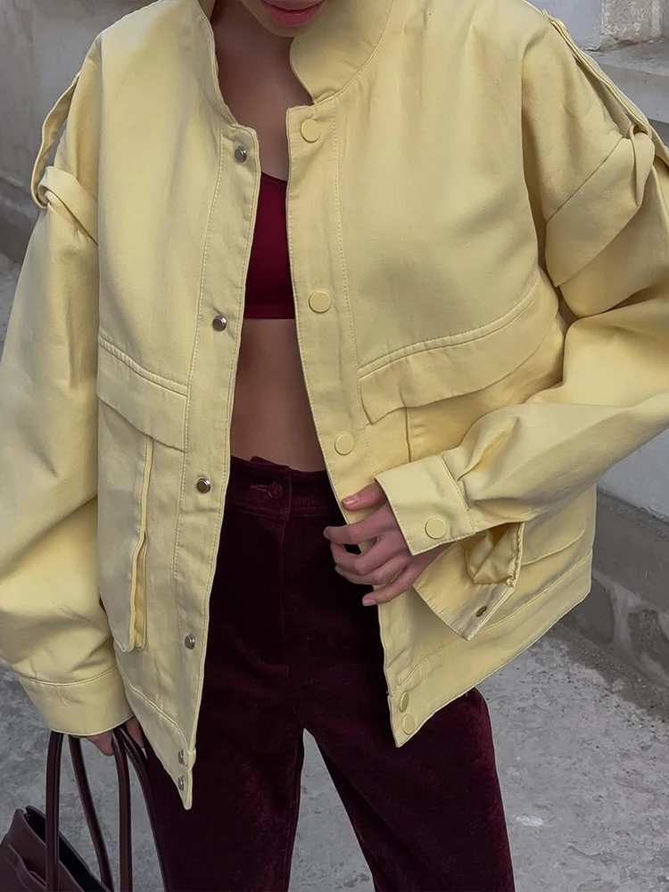 

Women Yellow Single Breasted Lapel Jacket Fashion High Collar Pocket Loose Full Sleeve Coats Lady New Autumn Commute Outerwears