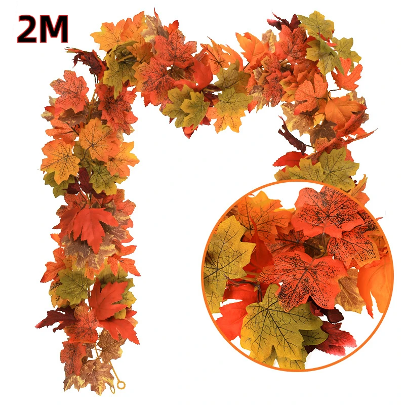 

2M Simulated Autumn Maple Leaf Wreath Fake Plants Autumn Decoration Grape Vine Thanksgiving Halloween Wedding Decoration