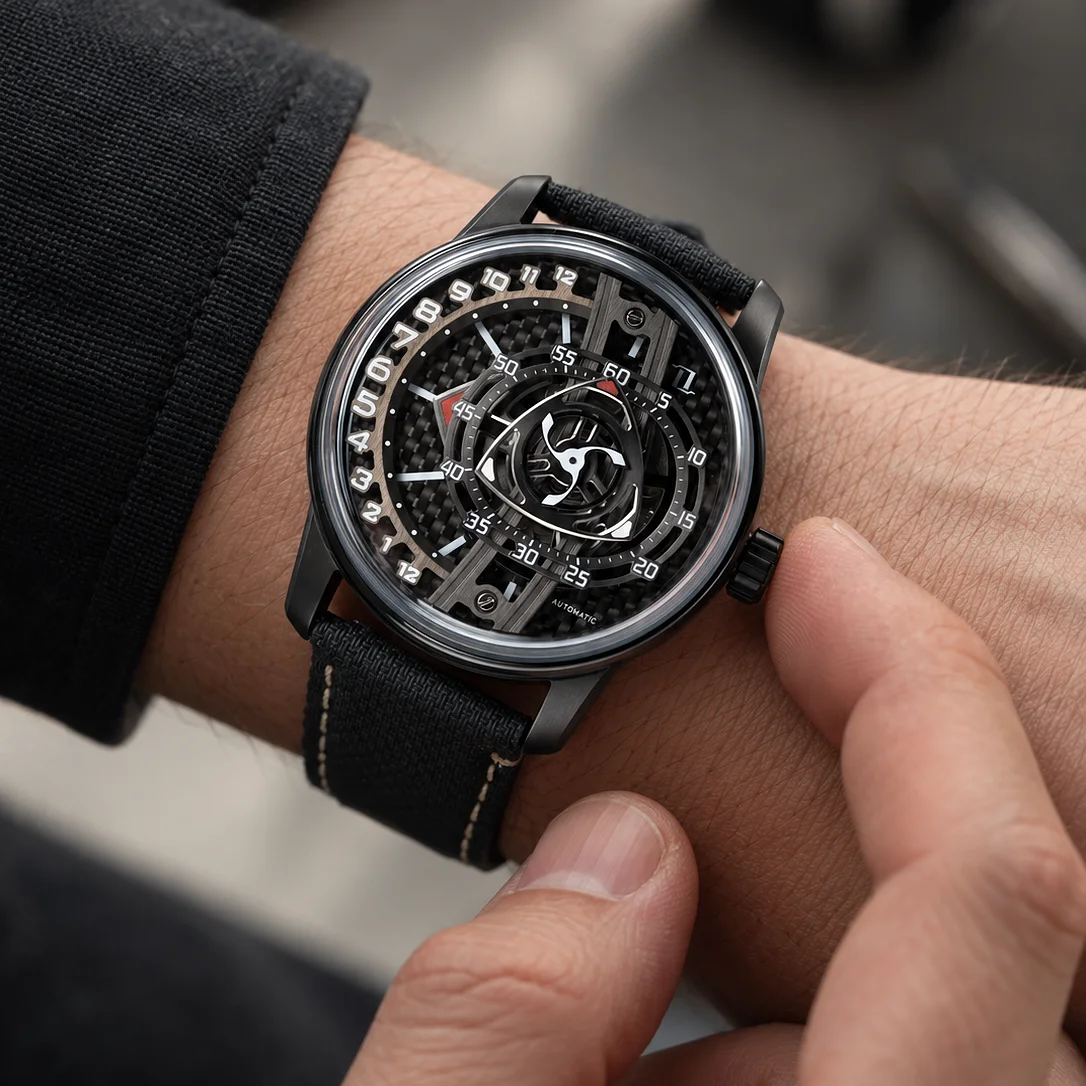 OBLVLO Unique Skeleton Rotary Engine Automatic Watch Luminous Nylon LeatherForged Carbon Miyota 8215 Mechanical Movement JM-RT