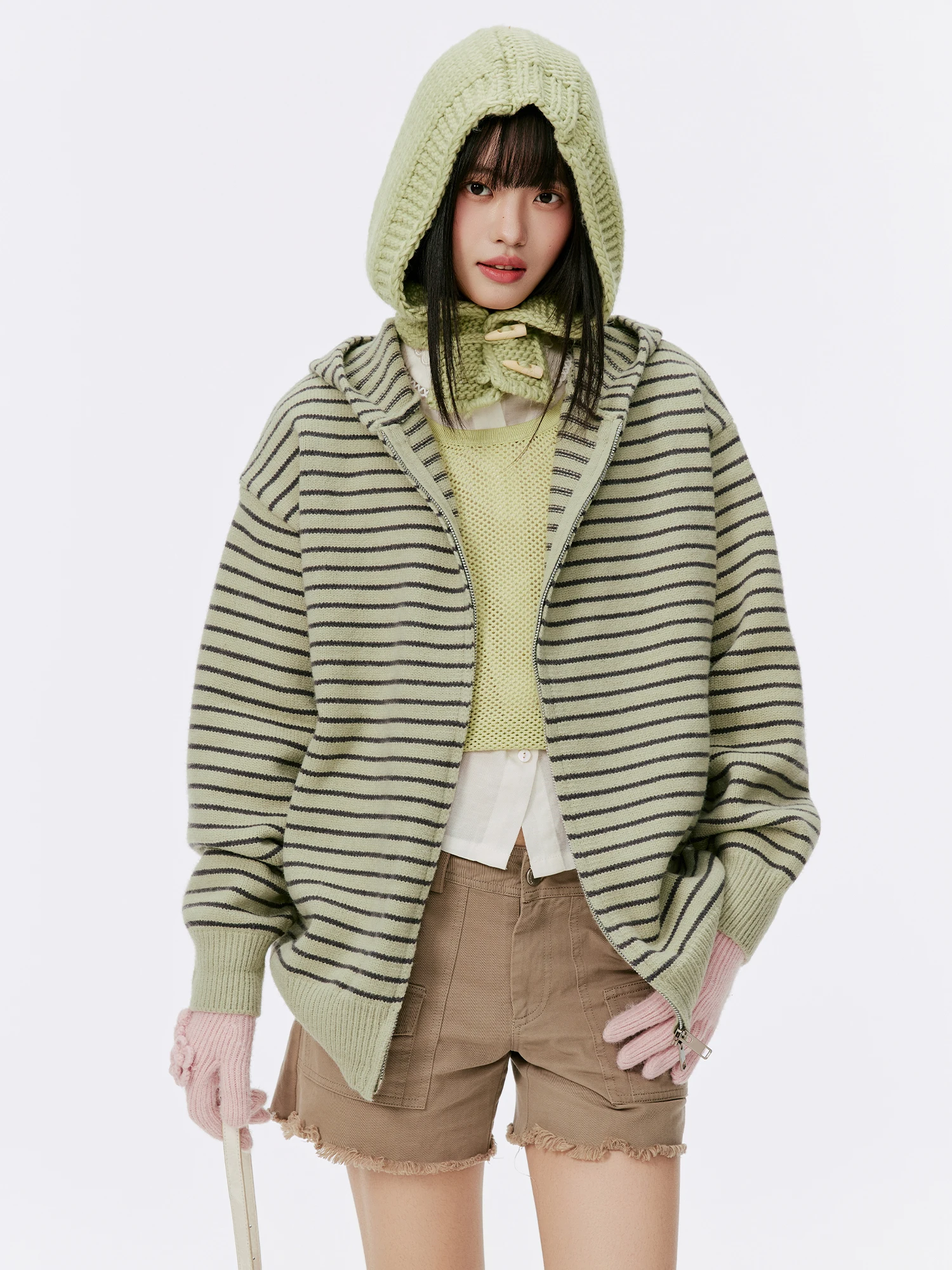 

Burgenland Zipper Hooded Knit Sweater Women's Loose Long Sve Autumn Winter Stripe Pattern Outerwear Comfortable Casual Sle
