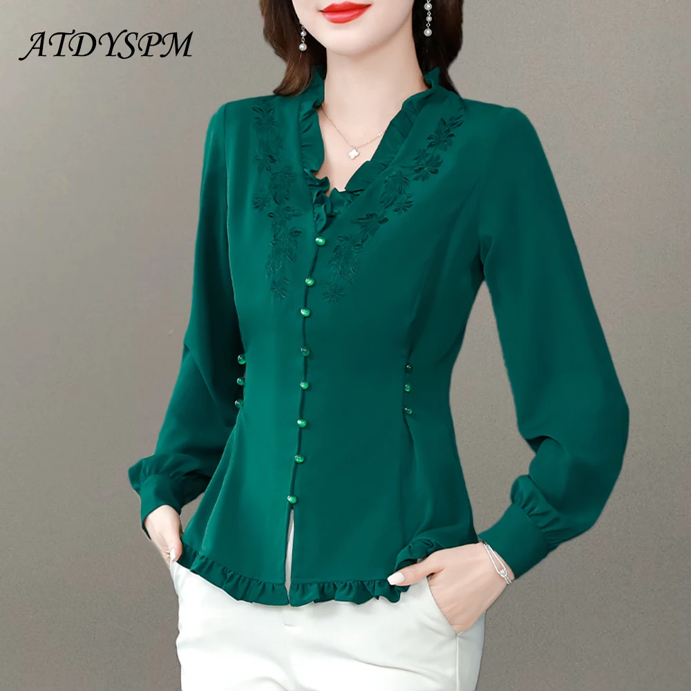 Elegant Embroidery Shirts For Women Long Sleeve Breasted Fashion Women Blouse 2024 Female Basic Slim Tops Women Casual Clothing