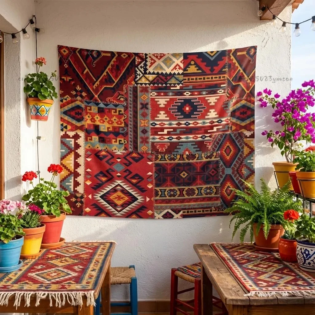 Light Luxury Tapestry Kilim Patchwork Tapestry Traditional Turkish Rug Wall Hanging Red Oriental Geometric Backdrop Cloth Decor