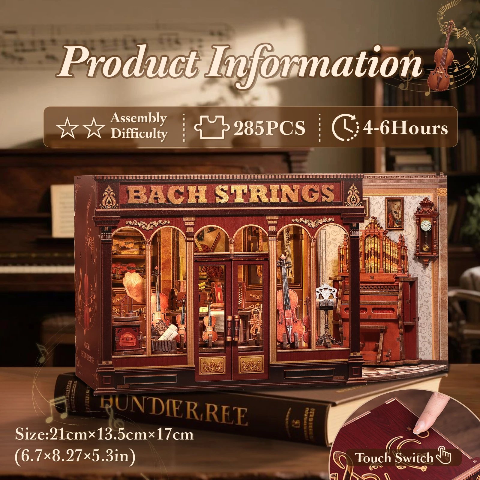 Original CUTEBEE 285pcs Book Nook Kit DIY Miniature House Bach Strings Book Nook Kit 3D Wooden Puzzles Nook Kit - DIY Miniature House Dollhouse Booknook Kit Music Shop Tiny House Bookshelf Insert Decor 3D Wooden Puzzle Creative Craft Gift for Family Gift