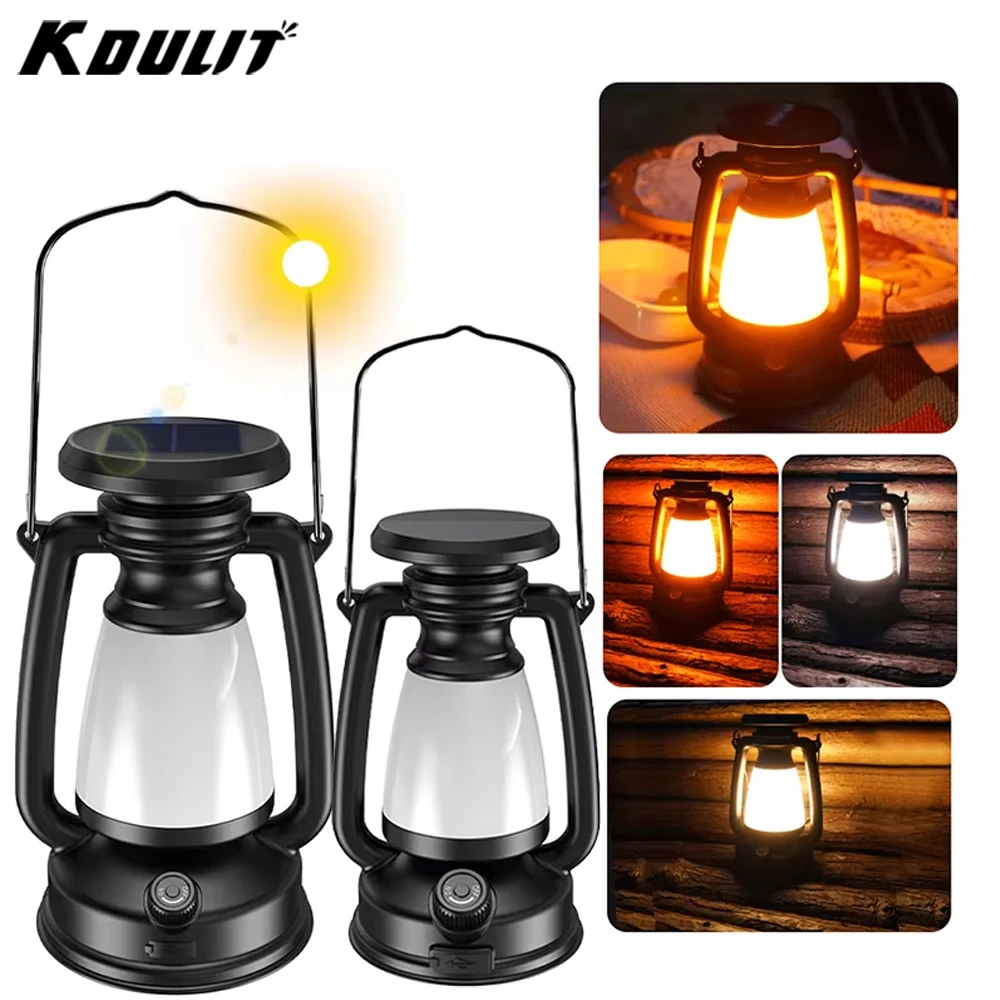 KDULIT Tragbare Retro-Campinglampe Typ C, wiederaufladbar und Solarenergie-Ladelaterne, stufenloses Dimmen von kaltem und warmem Licht