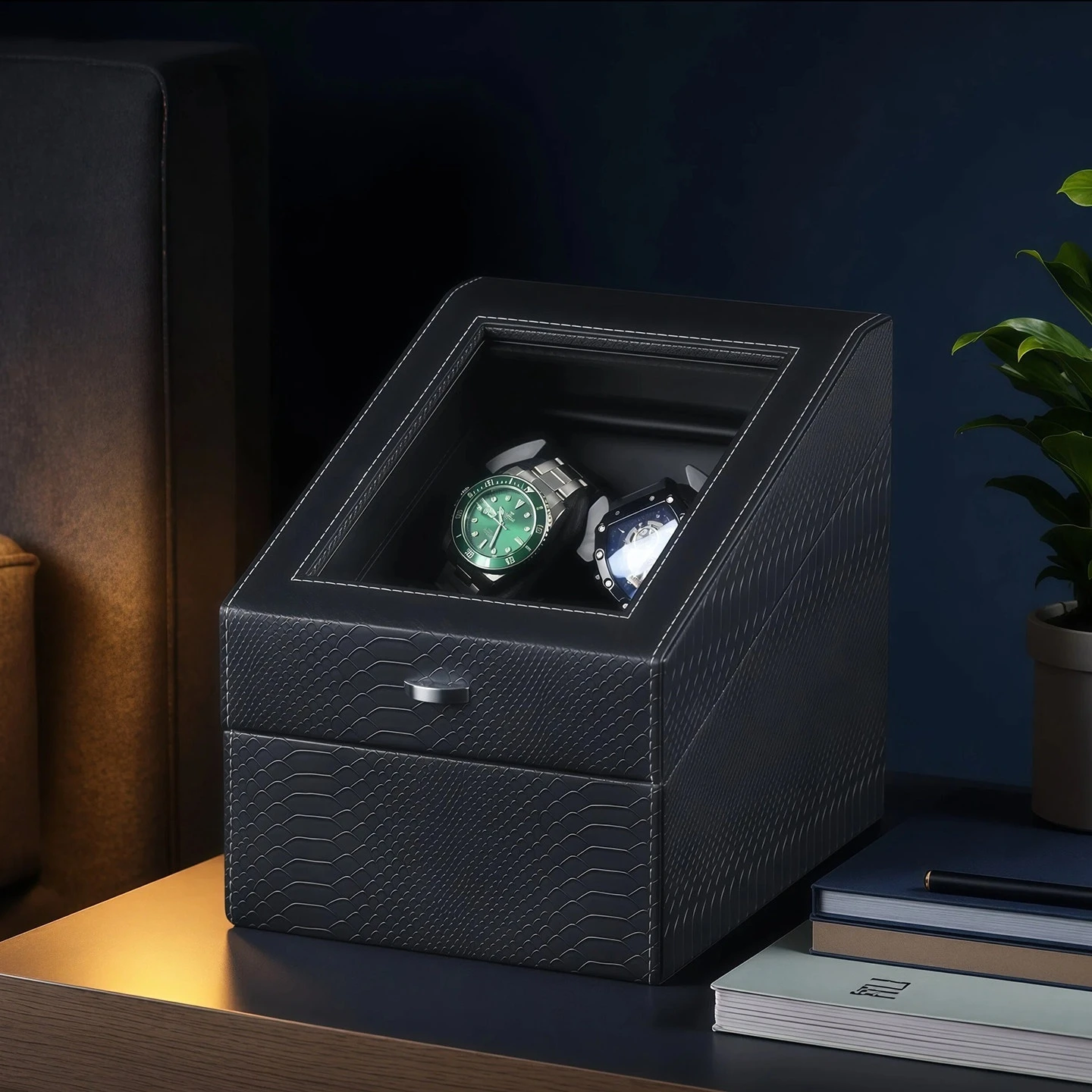 Lorvo fully automatic watch winder snakeskin style 3+3/6+6slot blue LED light automatic winding box