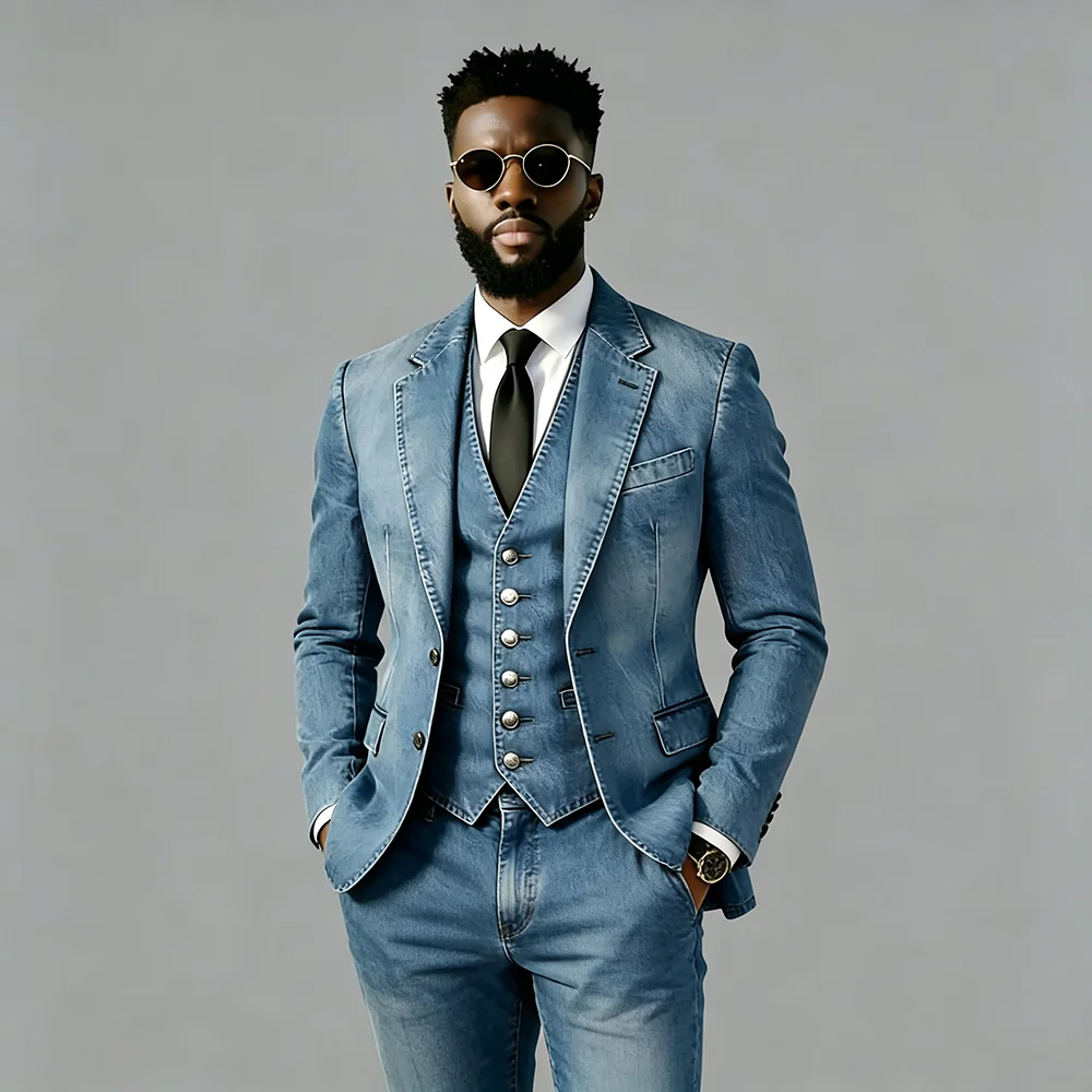 Elegant Single Breasted Denim Men's Suits Luxury Customized Wedding Tuxedo for Groom Party Slim 3 Pieces Set Jacket Vest Pants