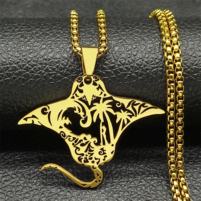 Cute Manta Ray Sea Devil Fish Pendant Necklace For Women Men Stainless Steel Gold Silver Color Coconut Tree Nature Chain Jewelry