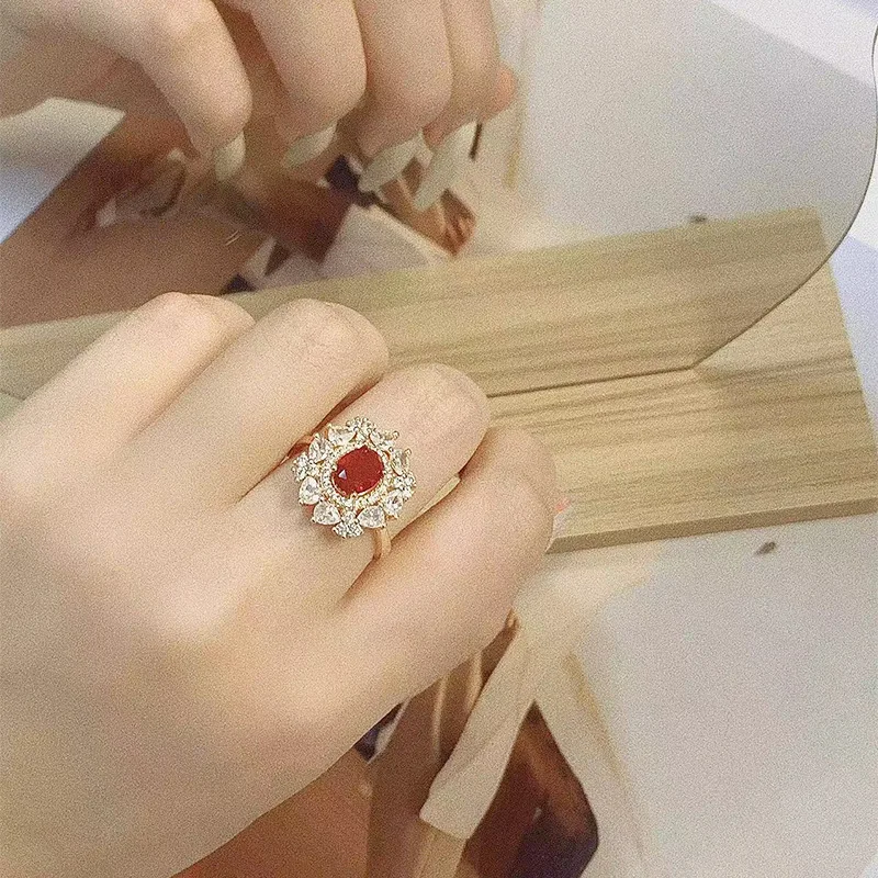 925 sterling silver high-end exquisite color treasure ring for women, simple and cool style, niche design, open mouth ring