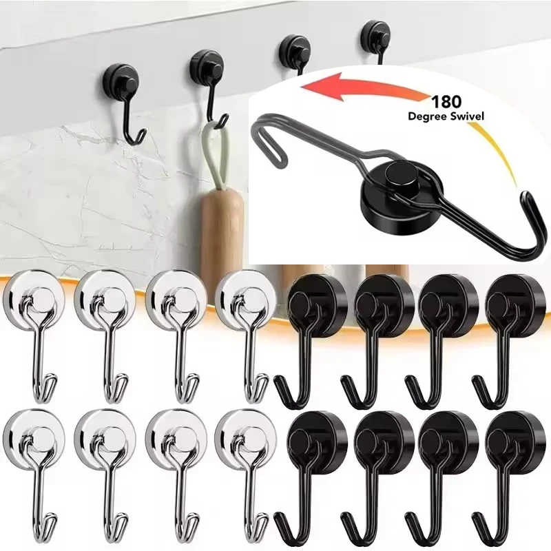 20mm Black Silver No-drill Magnetic Hooks Heavy Duty Strong Magnets Hook for Home Kitchen Refrigerator DIY Multipurpose Storage