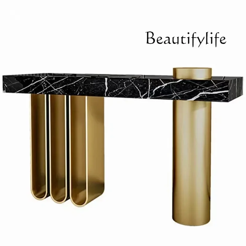 B4 Simple Marble Entrance Table Model Room Sofa Back Few Stainless Steel Strip Case Table End View Table