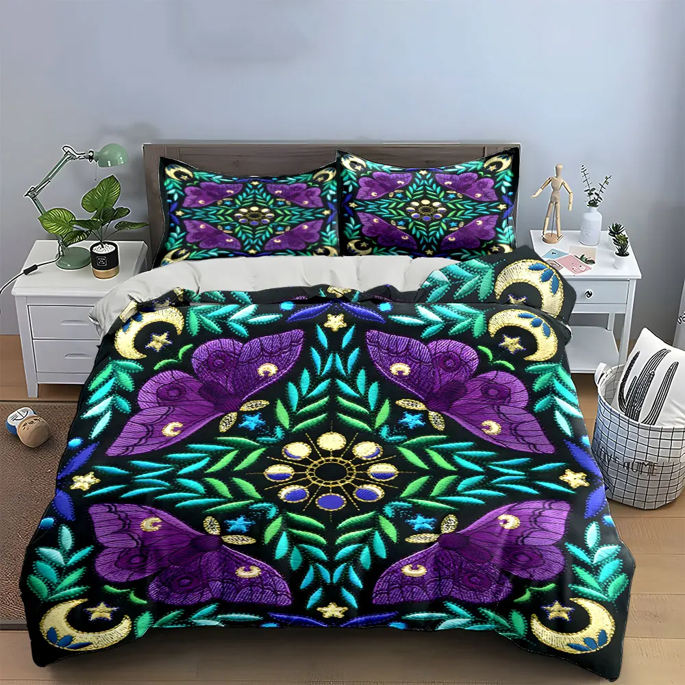 Boho Moth Moon Embroidery Bedding Set, Symmetrical Purple Luna Moth Star Floral Print Duvet Cover Set, Mystic Witchy 3PC Decor