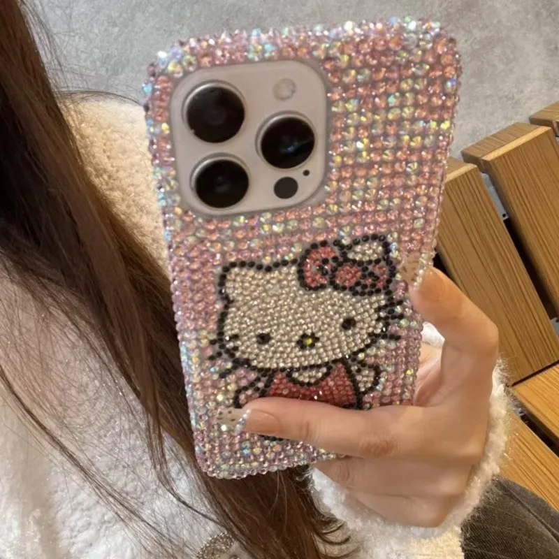 Hello Kitty Strass Bling Kristal Telefoonhoesje Keten voor IPhone 16 12 13 14 15Pro Max X Xs XR 2 3 10 Transparante Bumper Cover