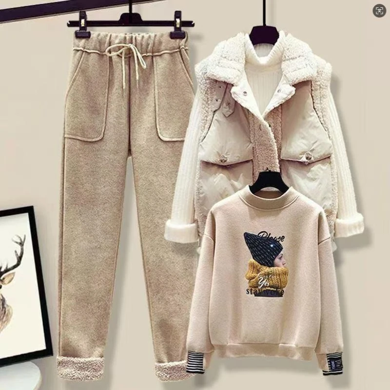 Hot women's autumn and winter warm set women's new item lambhair vest,slimming knit sweater, casual pants three piece set