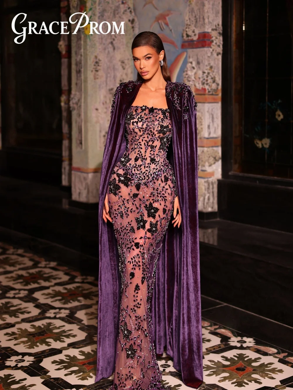 

Fashion Purple Crystal Evening Dress 2026 Exquisite Strapless Carpet Gown Elegant Velvet Floor Length Party Gown فساتين س