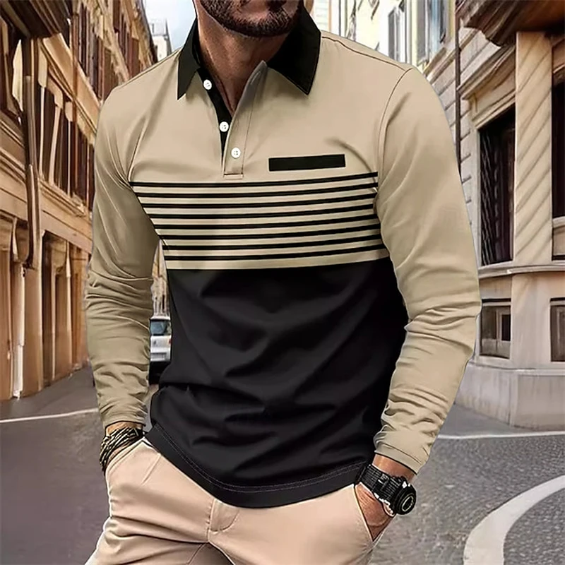 

Men's Striped Polo Shirts Long Sleeve Turn-down Collar Buttoned Outdoor Pullover Trendy Loose Oversize Leisure Men Clothing Tops