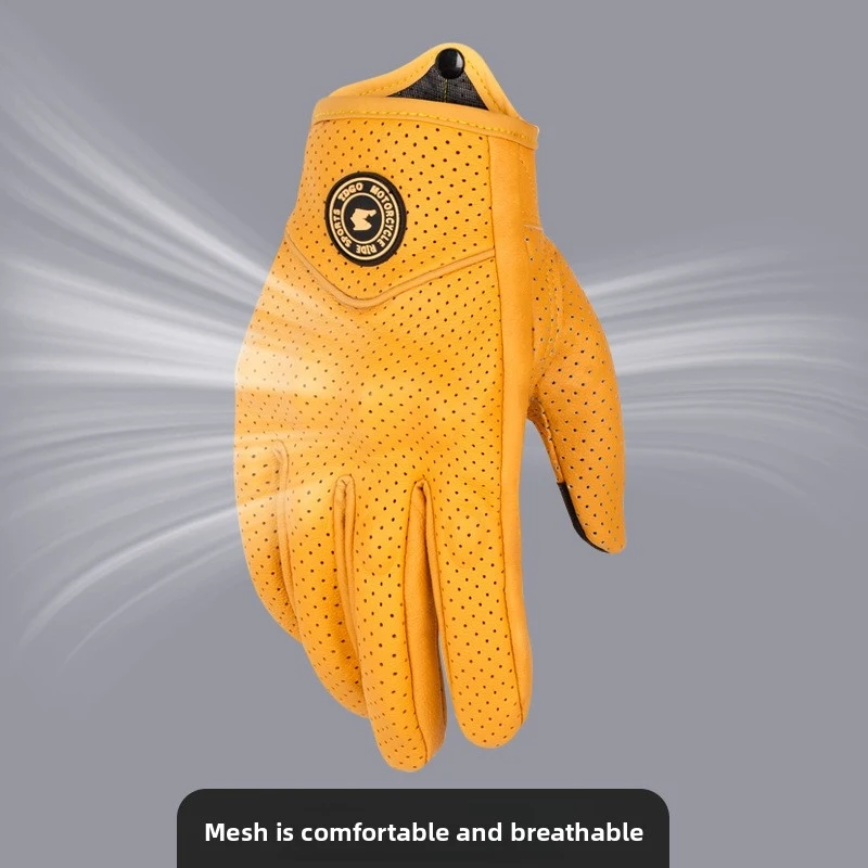 Retro Yellow Leather Motorcycle Gloves Men Women Breathable