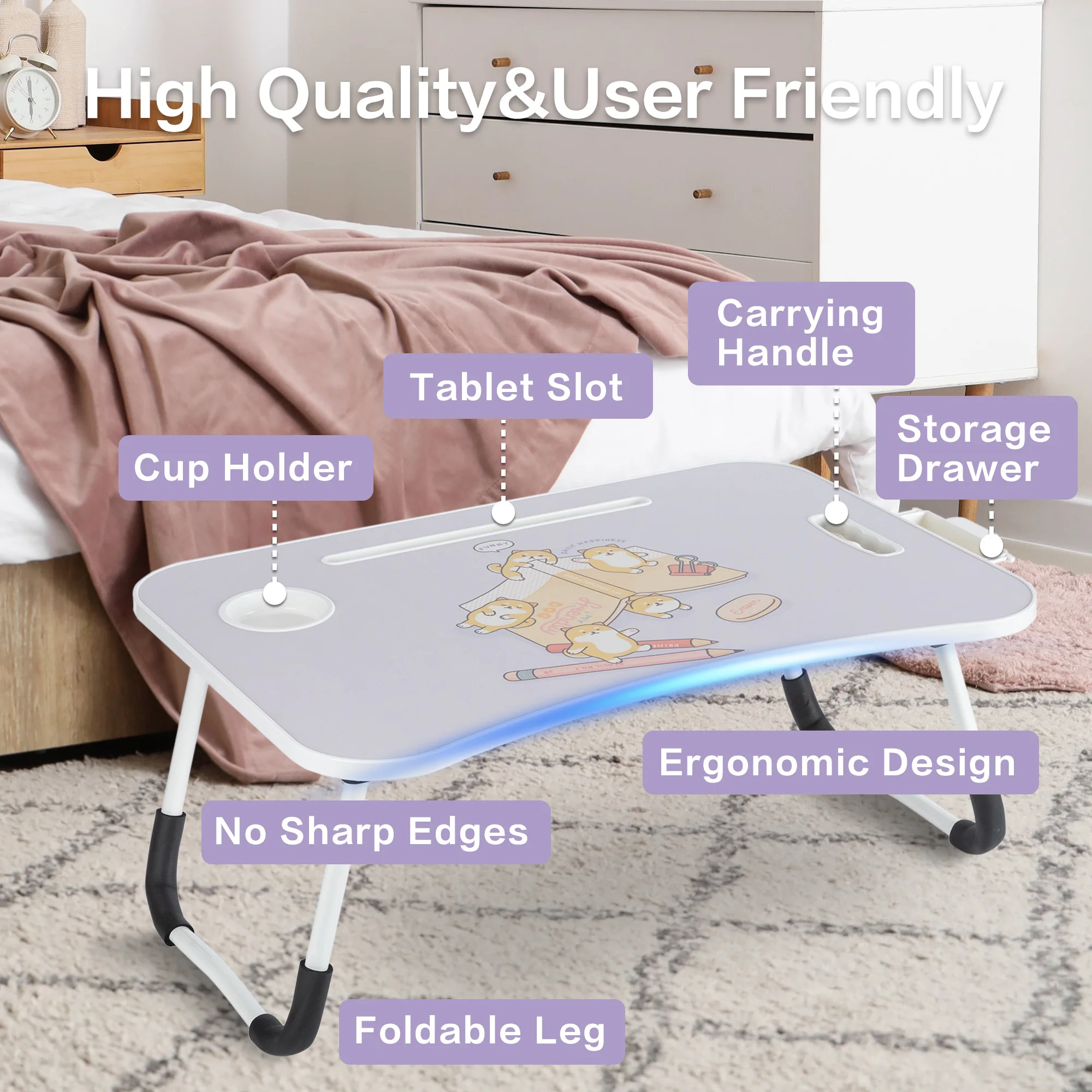 مكتب ديلي قابل للطي مقاس 23.6 بوصة مع حامل أكواب ودرج وفتحة للكمبيوتر اللوحي وصينية محمولة للسرير والأريكة #2