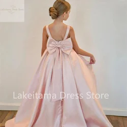 White Satin Bow Belt Flower Girl Dresses A-line Floor-length Short Sleeve Girls Dresses First Communion Party Prom Dresses