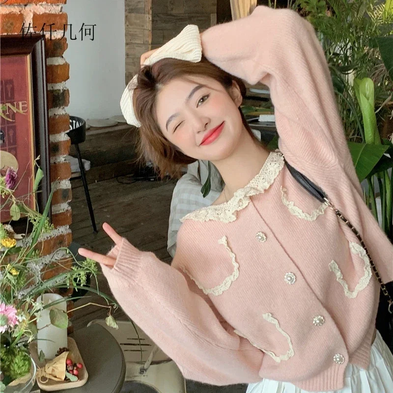 

2025 Korean Sweet Lovely Women Cardigan Autumn Design Lace Splicing Peter Pan Collar Soft Knitted Sweater Female