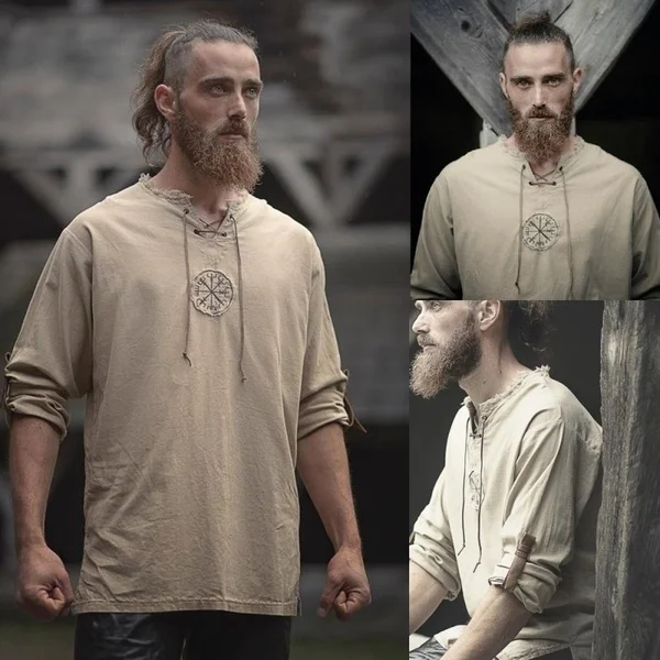 Fashion 5 Colors Linen Man Shirt with Ancient Viking Embroidery Long Sleeve Cotton Casual Slim Shirt