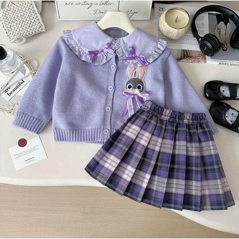 Girls' Autumn Clothing Suits CollegejkPleated Skirt Rabbit Officer Cardigan Sweater Shirt Three-Piece Set