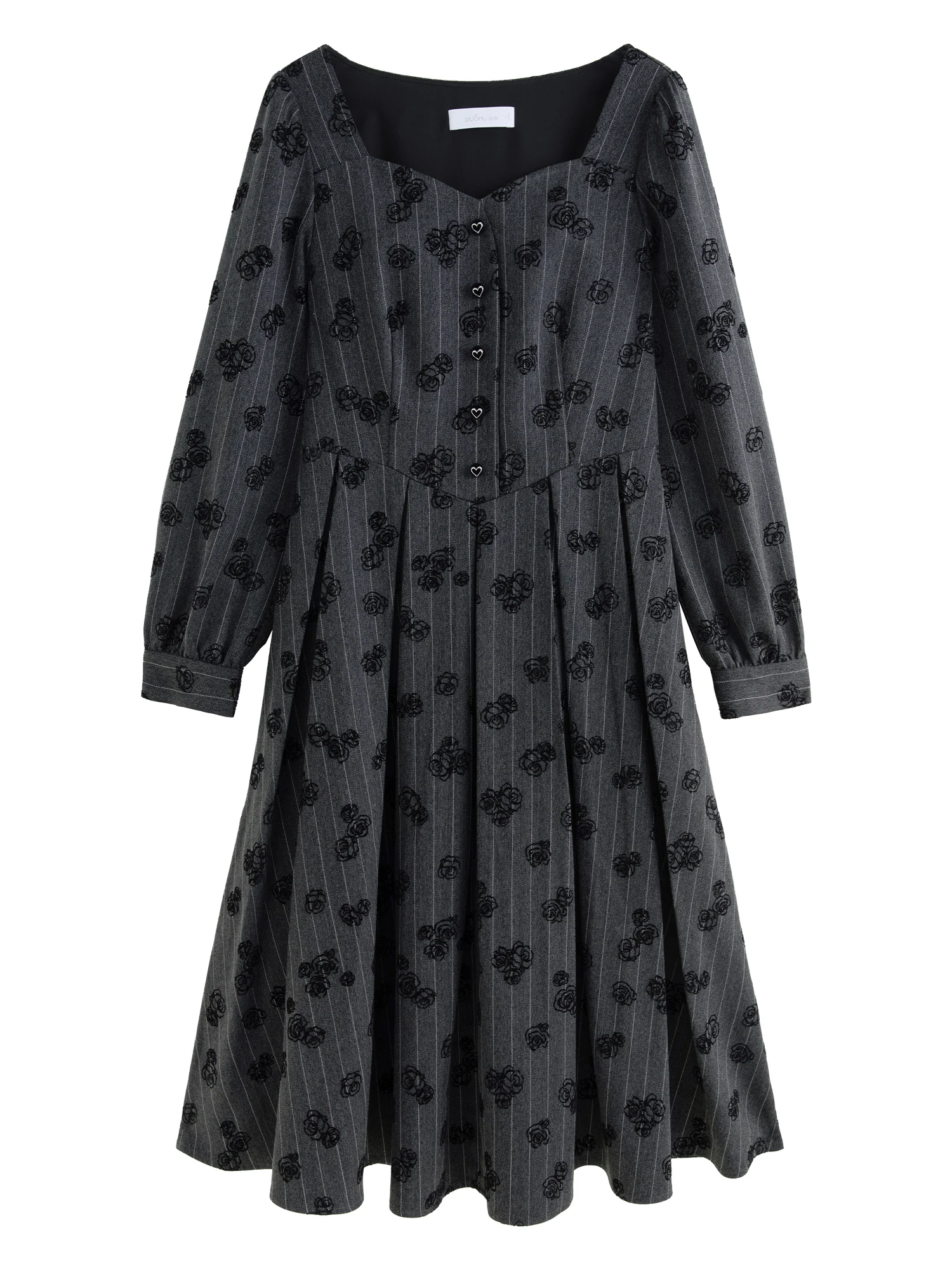DUSHU Women Winter Print Dress Thicken Warm Female Winter Grey Puff Long Sleeve Dress X-LINE Square Neck Dresses 24DS84507