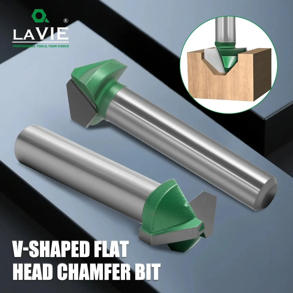 LAVIE 1pc 1/4" Shank Flat V-Bit Flash Silver Green 90° 2-Flute Chamfer Router Bit Trimmer Cutter for Woodworking