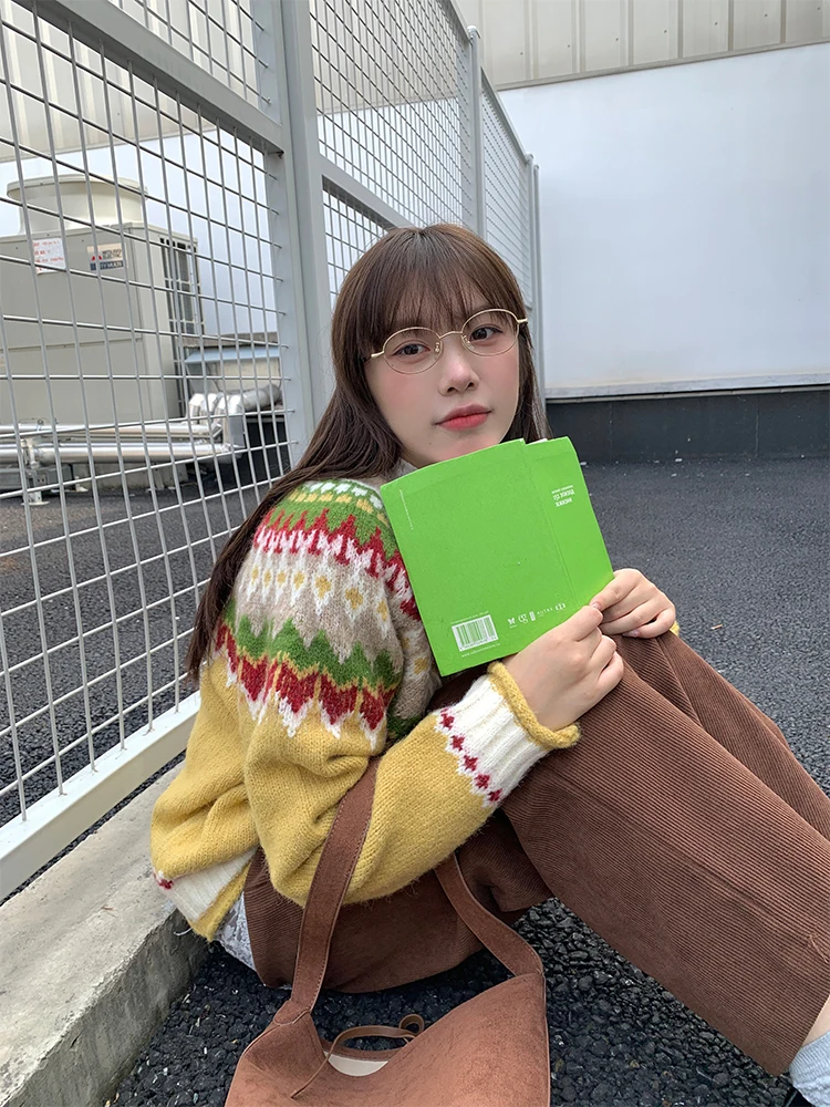 Lazy Island Floral Yellow Knitwear Overhead Top Loose Fit Knitted Long Sve round Ne Sweater for Autumn Winter Dopa Sle