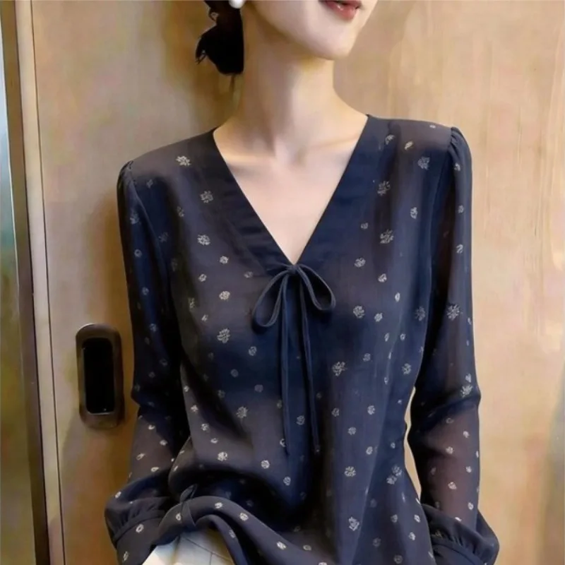 French-style Women's Blouses Printed Vintage Shirts Fashion Loose Summer Korean Clothing Long-sleeved Chiffon Women Tops