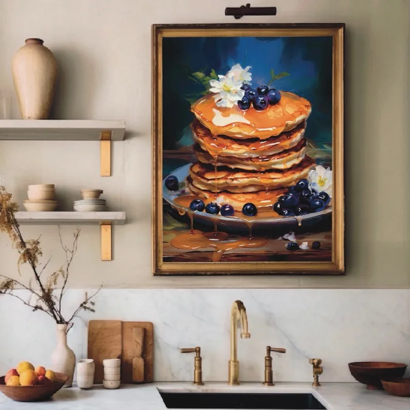 Fancy Food Bread Still Life Painting French Fries Donuts Pancakes Cheese Canvas Poster Art Kitchen Dining Room Home Decor Gift