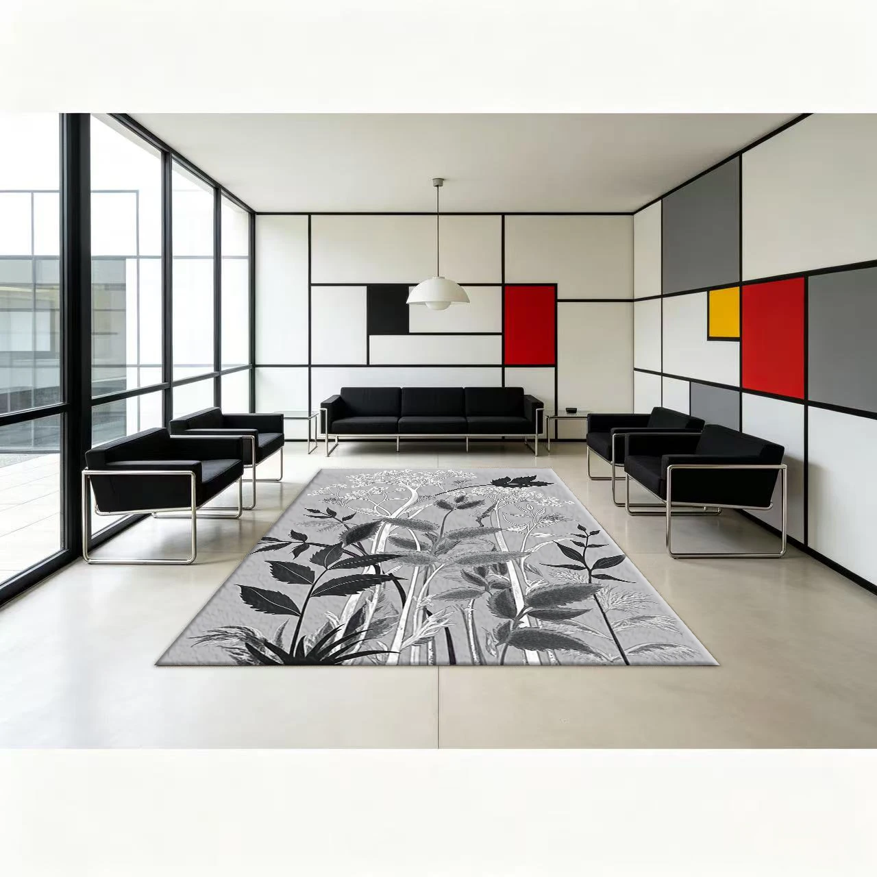 Black and White Plant Leaf Pattern Printed Carpet, Fashionable Indoor Home Decoration Floor Carpet