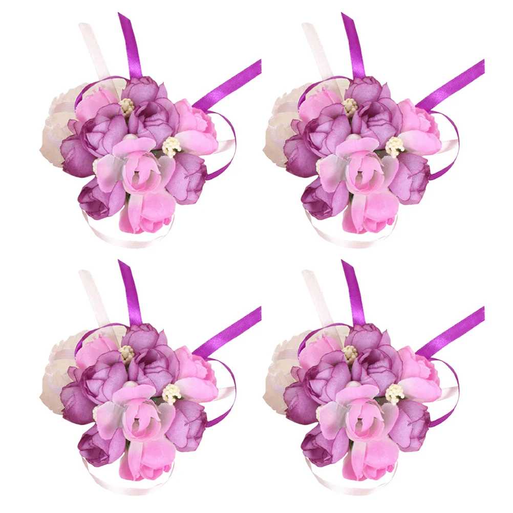 

4Pcs Luxury Wedding Brooch Wrist Flower Set Noble Artificial Flower Accessory for Bridal Bouquet Parties Purple
