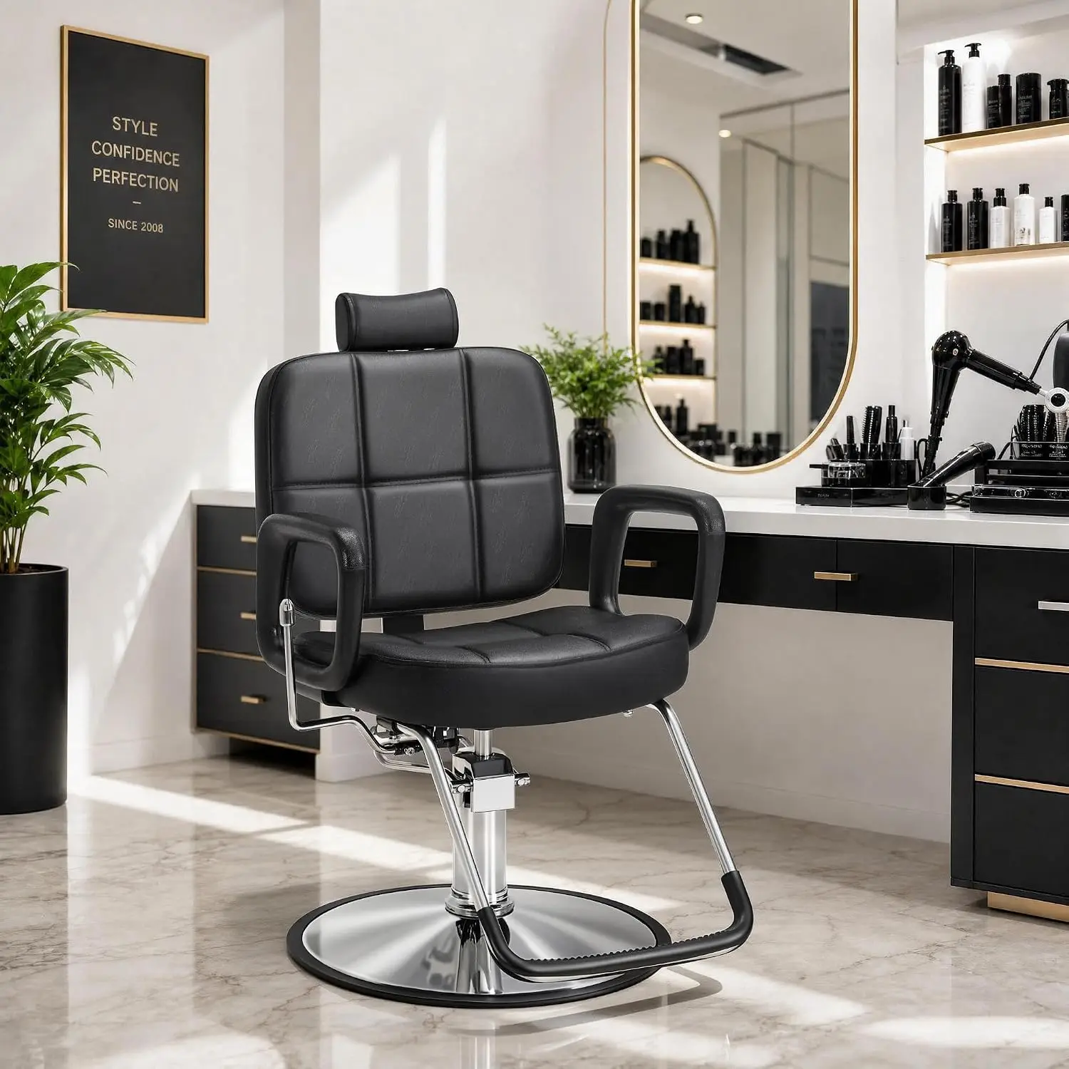 Black Hydraulic Reclining Barber Chair, 360° Swivel Padded Styling Chair with Sturdy Frame for Salon & Barbershop, Customized