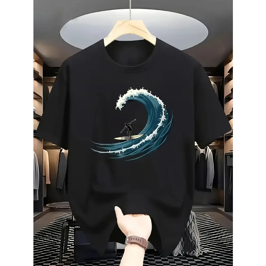 【New style】The White Short-sleeve T-shirt Displayed in the Fashionable Cloakroom Scene Features an Artistic Teal Wave and Surfe