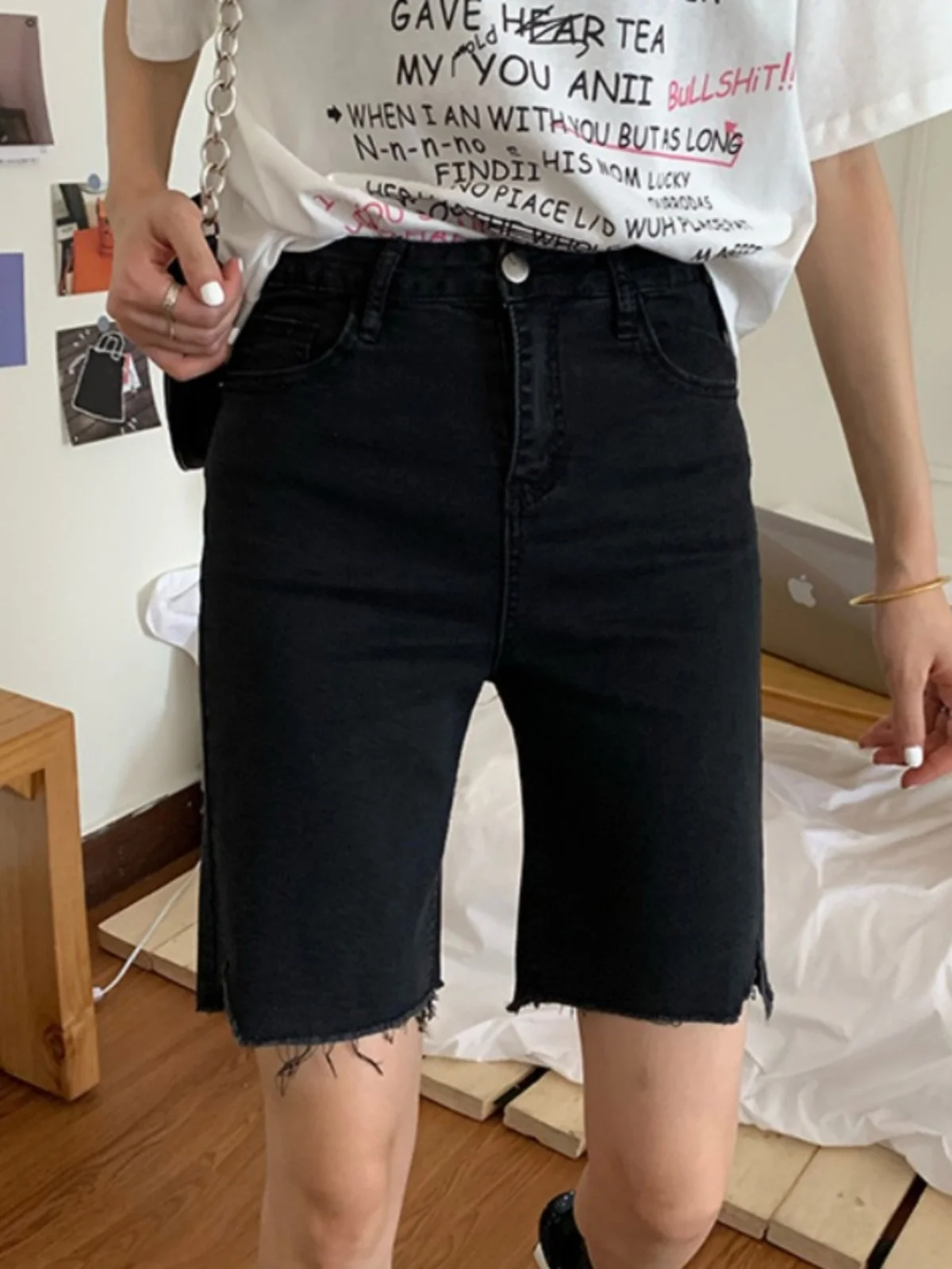 

Облегающие прямые джинсы с высокой талией, женские брюки пять четвертей, корейские брюки размера плюс, модные повседневные брюки