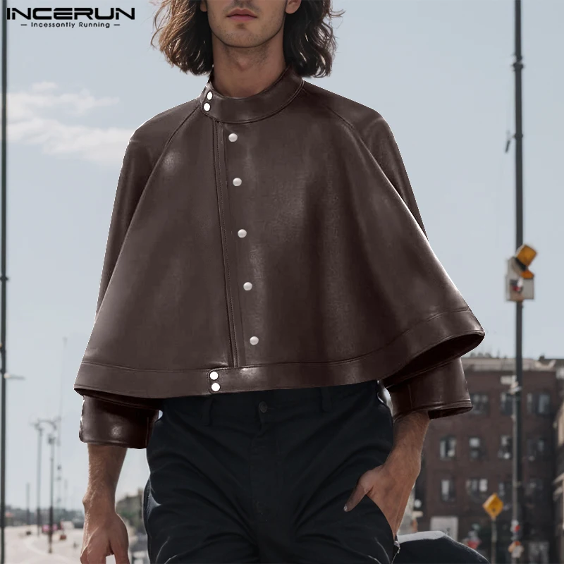 INCERUN, chaquetas informales lisas y sencillas para hombre, Tops de deconstrucción de manga larga, abrigos con cuello levantado de cuero con hebilla de Metal 2024