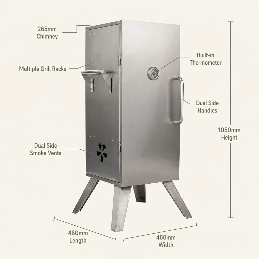 1050mm Vertical Smoker Charcoal Commercial Smoker Portable Stainless Steel 5 Layers BBQ Oven With Thermometer