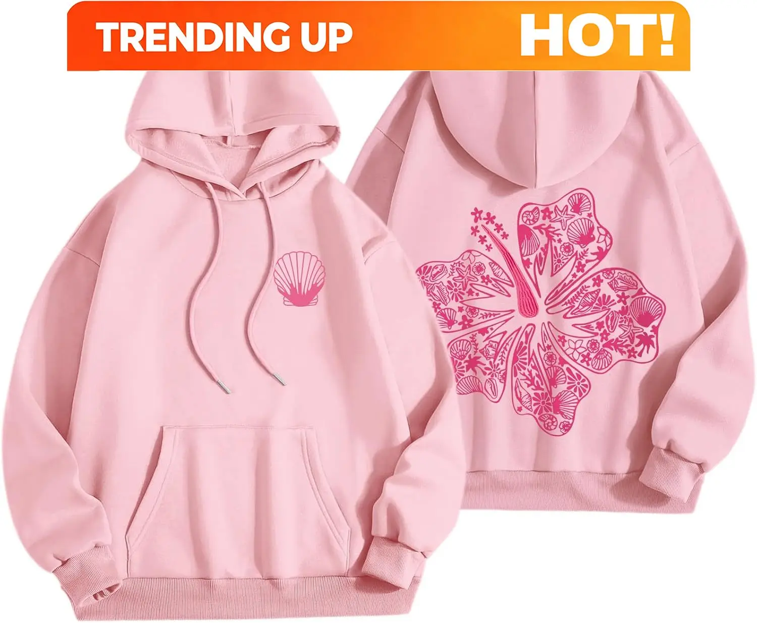 Womens Cute Pink Flower Hoodie Aesthetic Preppy Hawaiian Hibiscus Sweatshirt Casual Puff Graphic Hoodies Pullover Tops