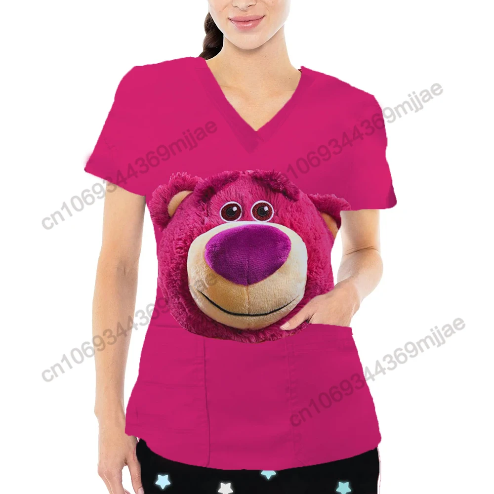 

Beautiful Strawberry Bear Cartoon Pattern Printed Women's T-shirt 2024 Summer New Comfortable Casual Nurse Dress Y2k Style Top