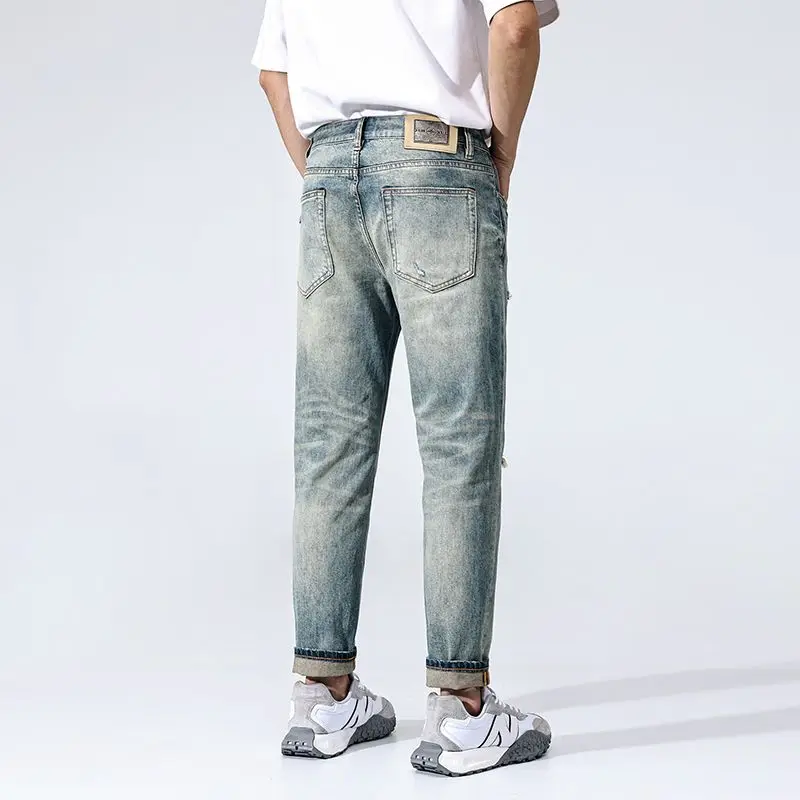 

JXNS158 The new tide Slim straight jeans men's American retro washed heavy hole patches small foot casual trousers