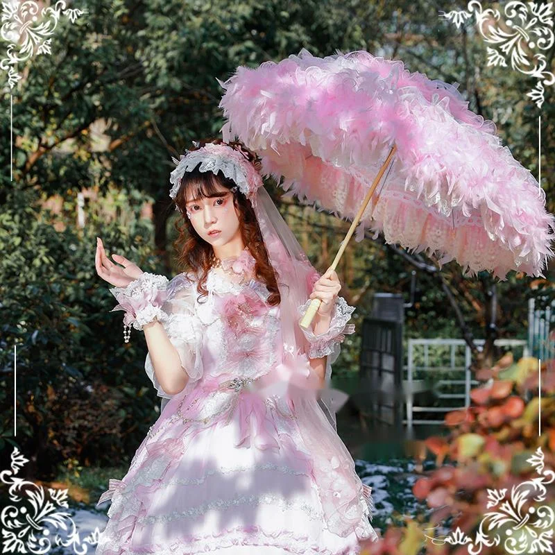 Lolita Flower Wedding Girl Sakura Christmas Lace Feather Princess Decor Car Umbrella Shade Photography Parasol Pink Feather