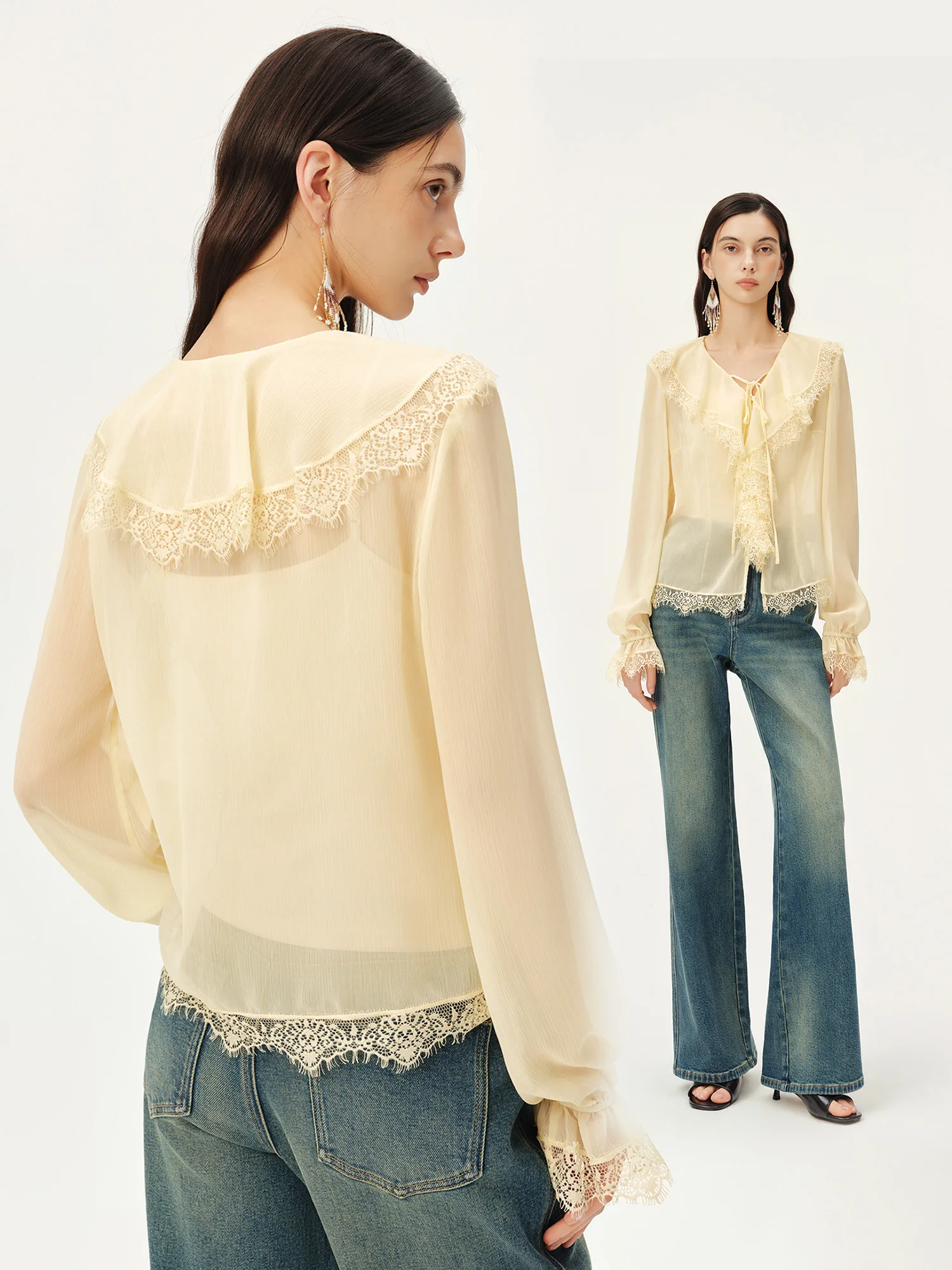ZIQIAO 2026 Herbst Damen Bluse im französischen Stil mit V-Ausschnitt, Chiffon, Spitzenrüschen, Bindeband vorne, elegant, romantisch, langärmelig. – Detail 4