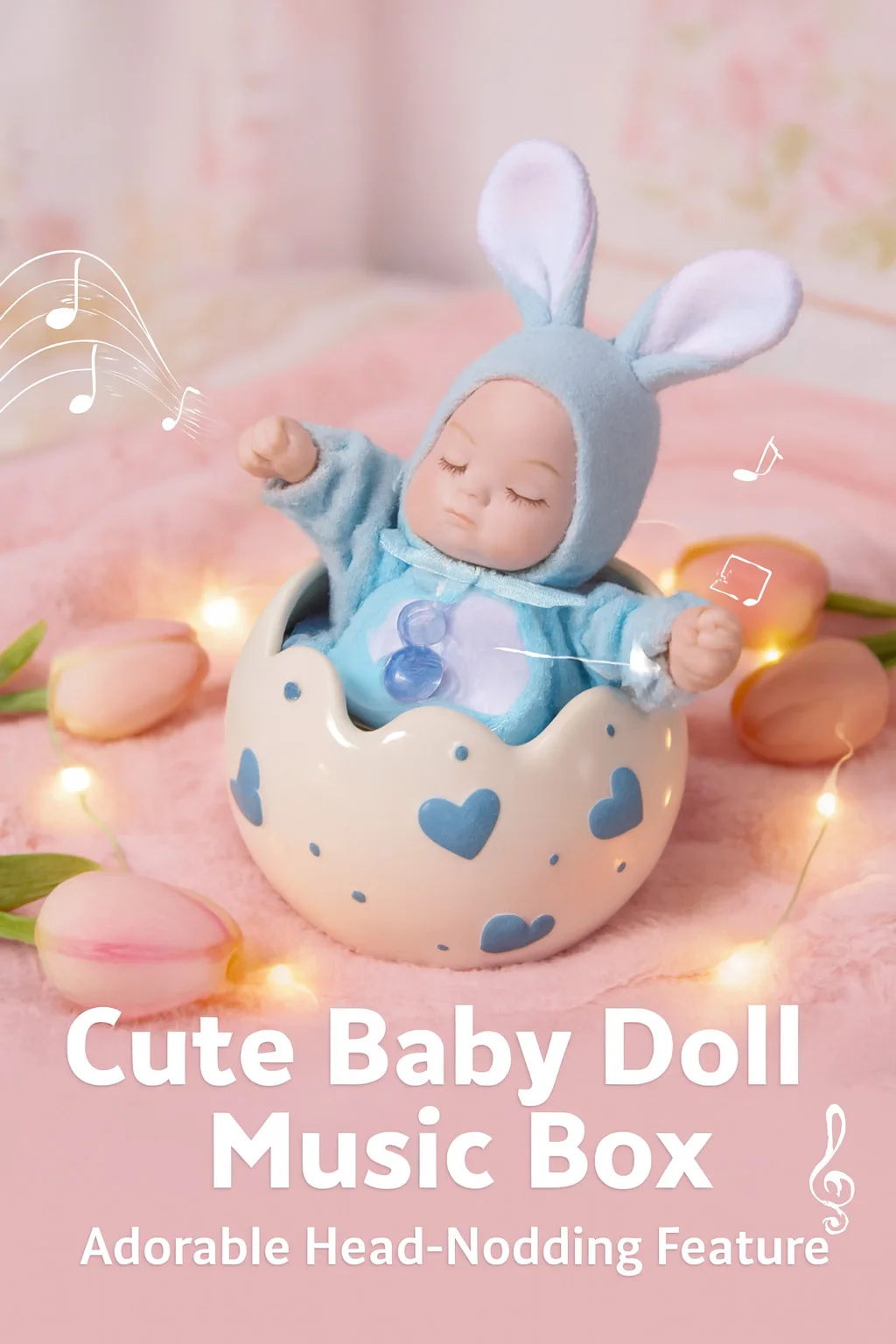 Wind-up Baby Doll Music Box with Nodding Head, Mechanical Rotating Rabbit Reborn Doll, Heart Egg Shell Nursery Decor,