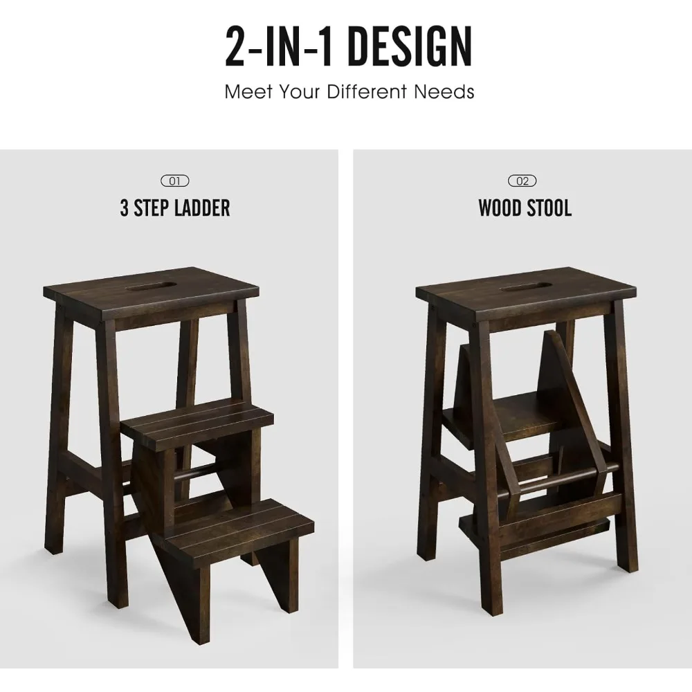 Multifunctional Wooden 3-Step Folding Ladder with Storage Shelf and Flower Rack