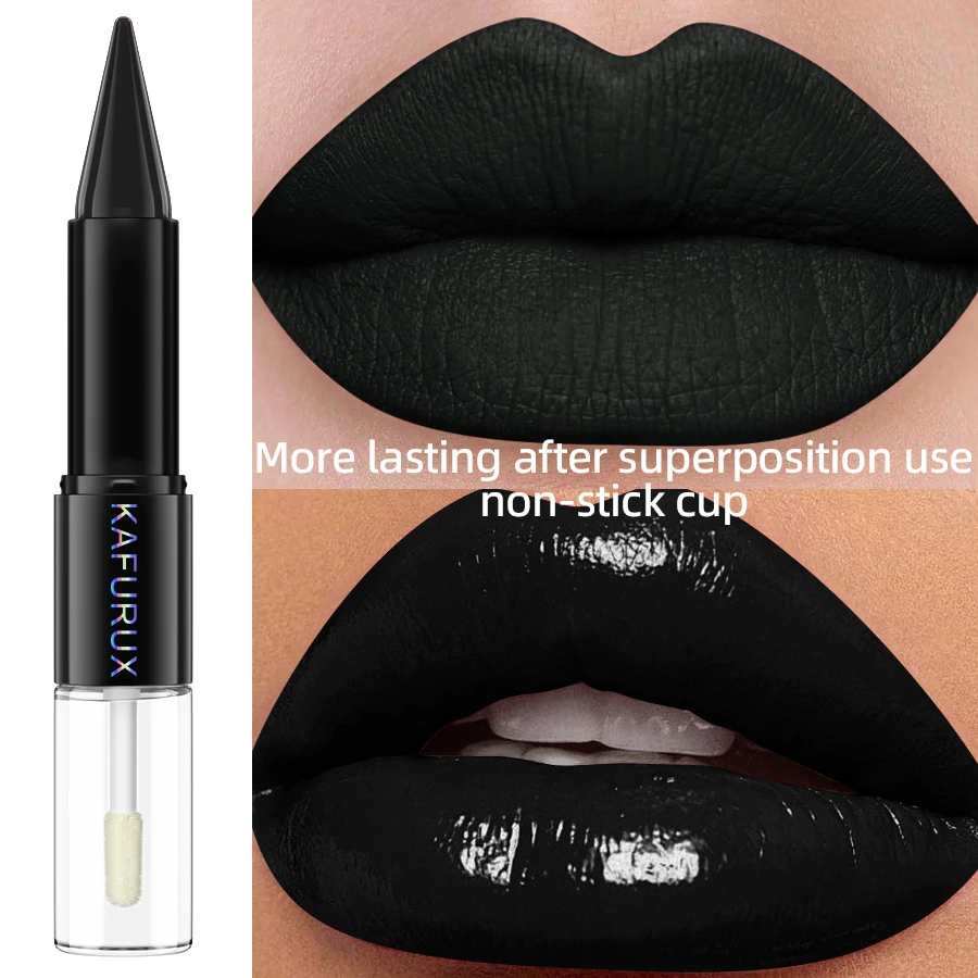 Black Matte 2 In 1  Double Head Lipstick Lip Coat Set Waterproof Coat 24HR Korean Makeup Gifts High Pigment Lip Tint Plumper