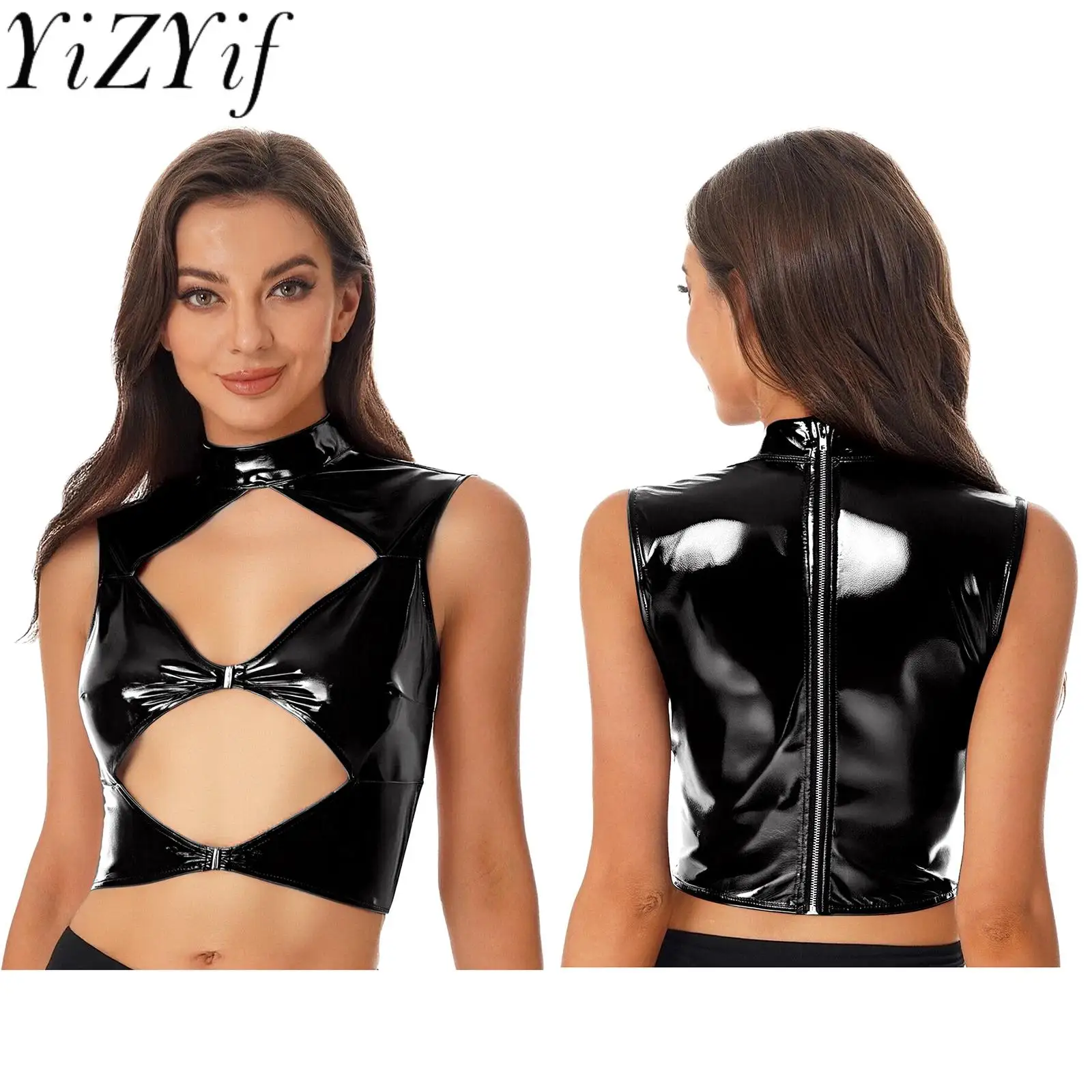 

Женская сексуальная майка из искусственной кожи, стильный глянцевый жилет без рукавов с вырезом, укороченный топ для ночного клуба, вечерние танцевальные модные жилеты