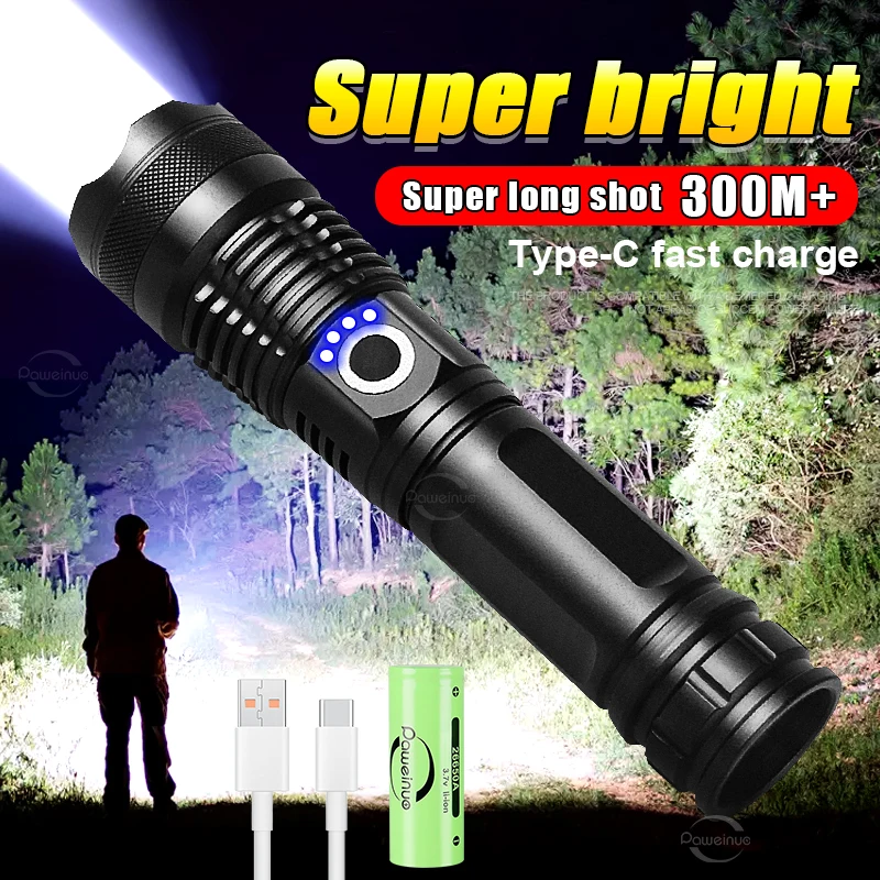 

High Power Led Flashlight XHP50 Zoom 2000m Typer-c Charging Flashlight Battery Powered Outdoor Camping Waterpoor Torch Light