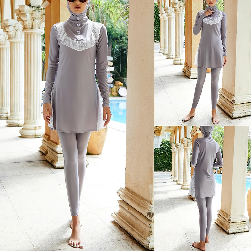 Three-piece Burkini Swimsuit for Muslim Women, All Wrapped in White Lace, Sunblock Split Swimsuit, New Summer