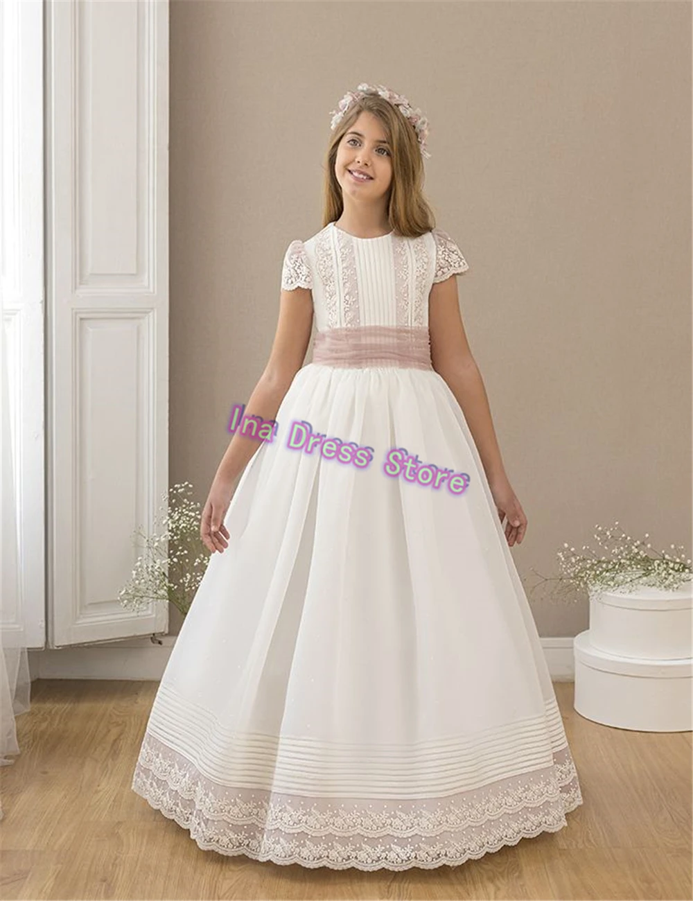 First Communion Gowns Customised Idyllic Customized Lace Print Appliqué Flower Girl Dress Princess Ball Kids Birthday Party Gown