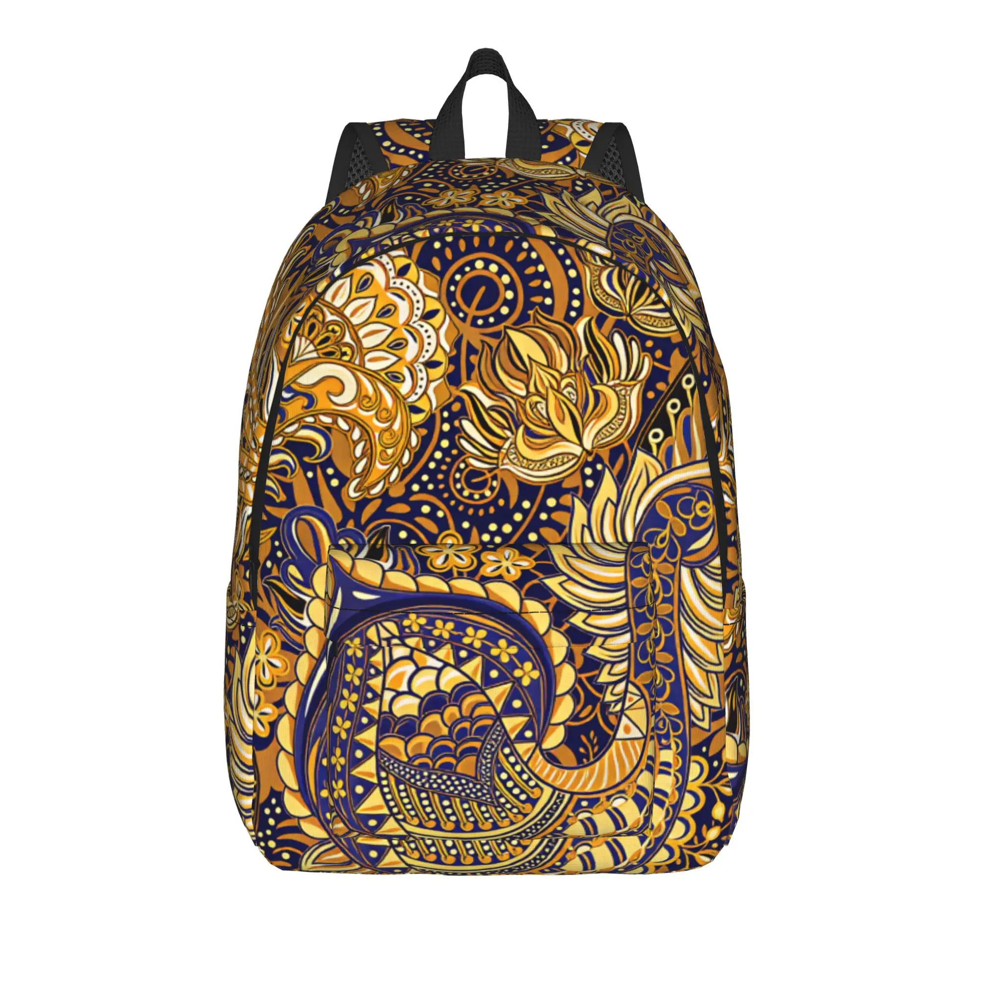 Navy Gold Luxury Paisley Backpack  University Backpacks Men Custom Big School Bags Kawaii Rucksack